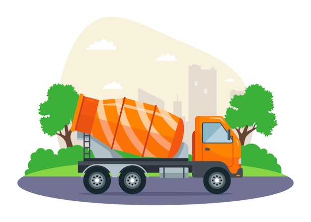 Orange concrete mixer rides on the road to the construction site