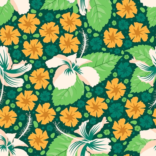 단풍 요소가 있는 주황색 및 짙은 녹색 색상 조합 히비스커스 표면 패턴 디자인