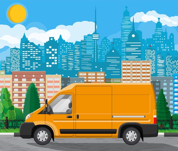 Orange delivery van at cityscape background