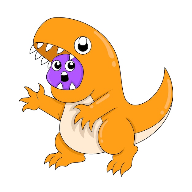 Vettore costume da dinosauro arancione con faccia sorpresa e nervosa doodle icona immagine kawaii