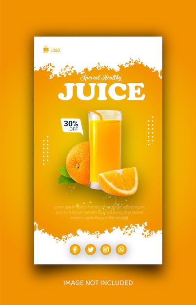 오렌지 음료 메뉴 프로모션 소셜 미디어 피드 또는 스토리 배너 템플릿