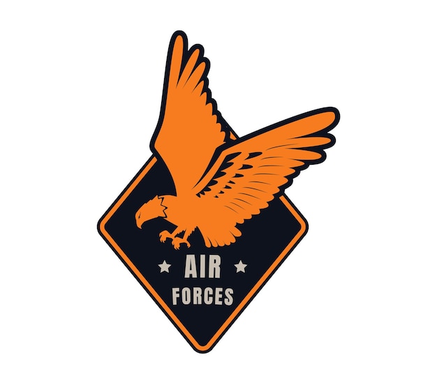 독수리 그래픽이 포함된 공군 텍스트 군사 패치 디자인이 있는 어두운 배지에 주황색 독수리 엠블럼