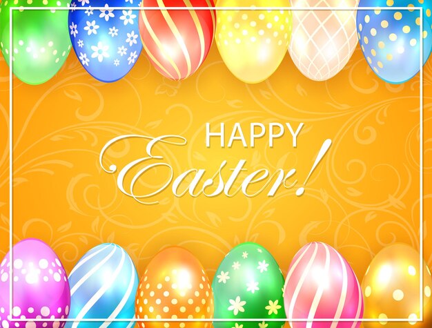 Orange Easter background with floral ornament and colored eggs, illustration.