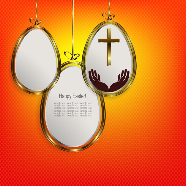 Orange easter composition with silhouettes of white eggs with a gold border