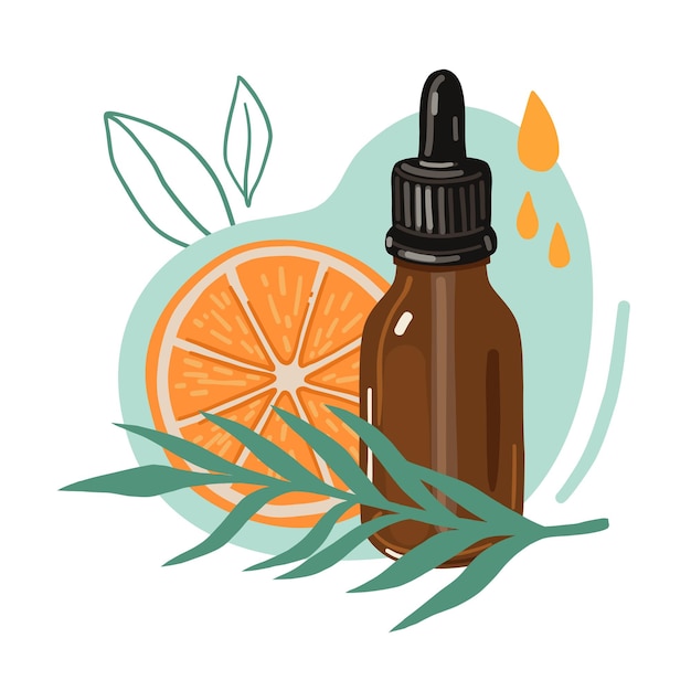 Vector orange essential oil, brown glass bottle with dropper, aromatherapy concept.  beauty industry art.