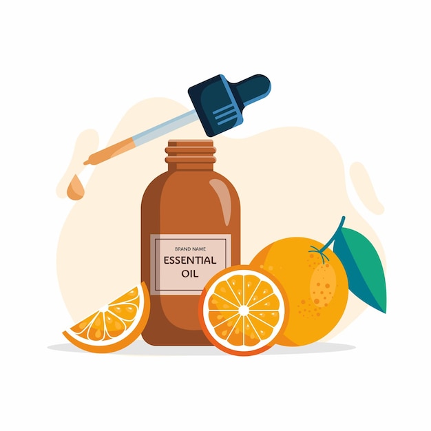 Vector orange essential oil in glass bottle and fresh oranges isolated on white background