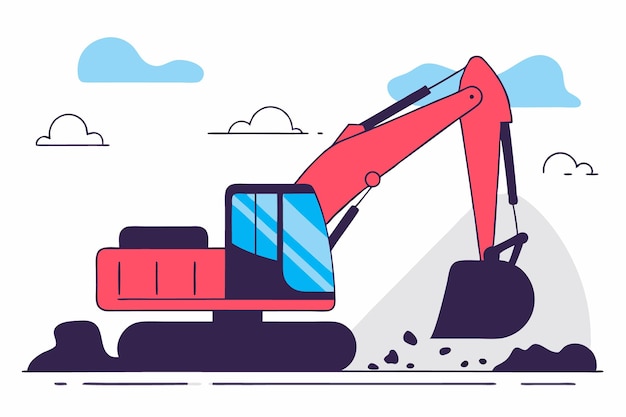 orange excavator digs soil near the mountains construction machinery in action illustration art on white background