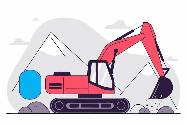 orange excavator digs soil near the mountains construction machinery in action illustration art on white background
