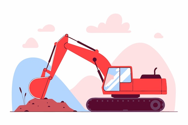 orange excavator digs soil near the mountains construction machinery in action illustration art on white background