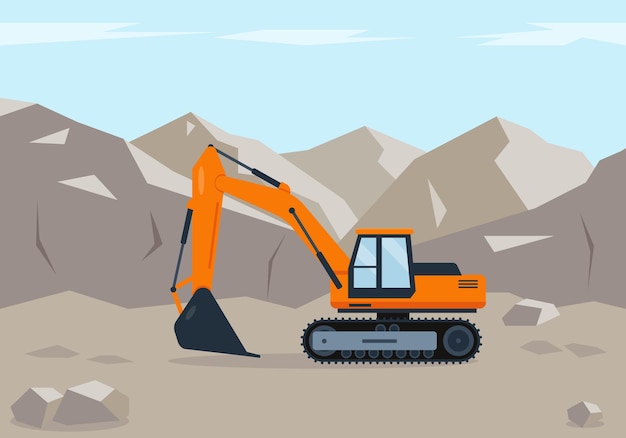 ベクトル オレンジ色の掘削機が山の近くの土を掘ります。稼働中の建設機械。