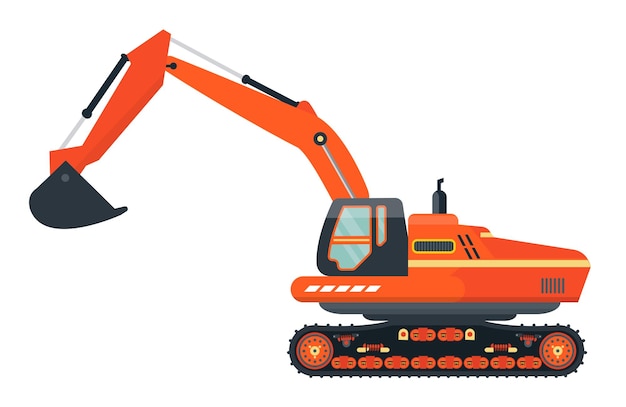 Vector orange excavator isolated icon digger jcb trackhoe heavy machinery flat vector illustration