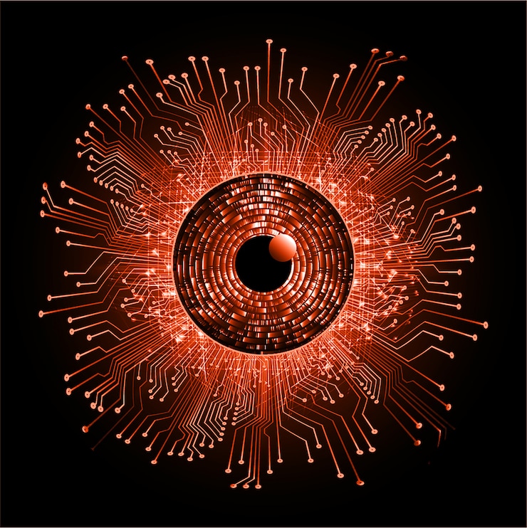 Vector orange eye cyber circuit future technology concept background