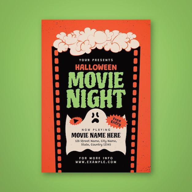 Vector orange flat design halloween movie night poster