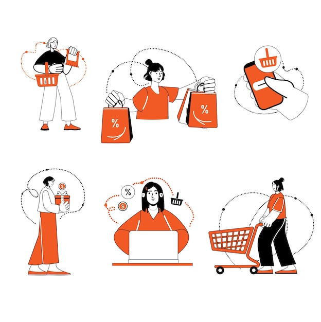 Vector orange flat line concept shopping