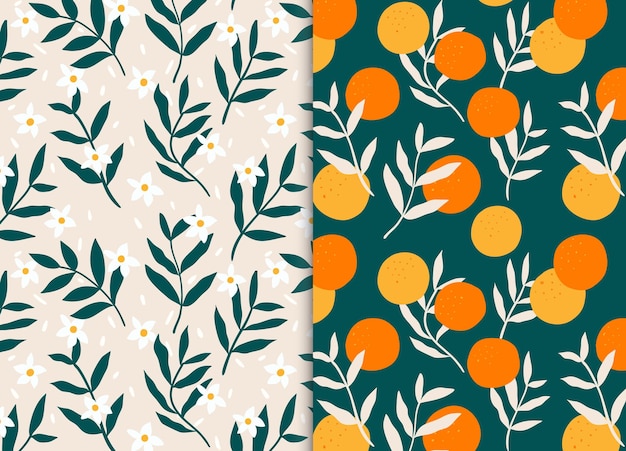 Vector orange and flower seamless pattern set