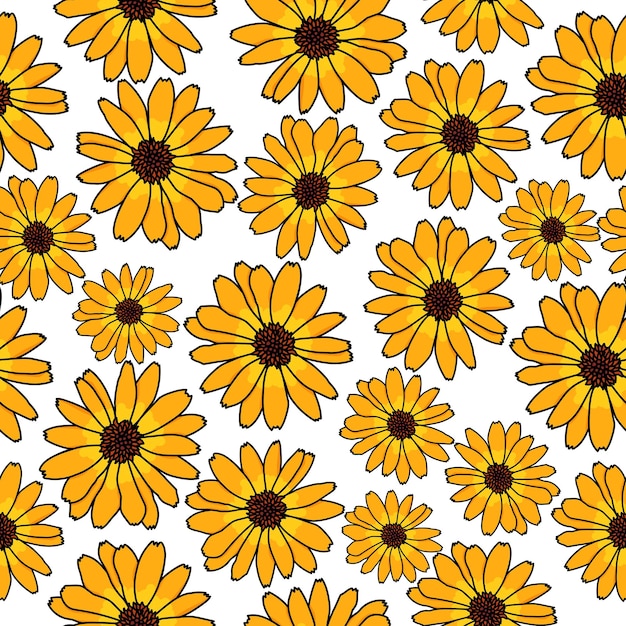 Orange flowers seamless pattern with black stroke and dark center floral background with bright petals