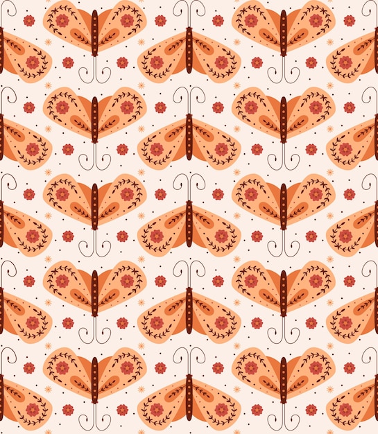 Orange folk moth on a white seamless pattern