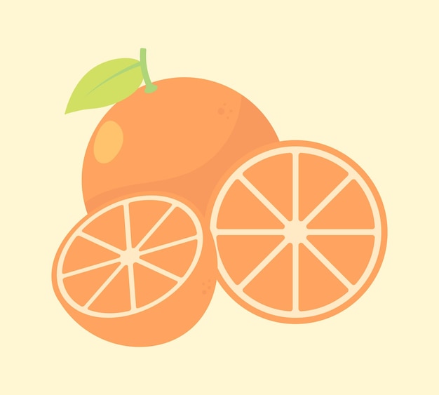 Orange fruit cartoon flat illustration design Fresh whole and half orange fruit with leaves Summer fruits for healthy lifestyle Organic fruit