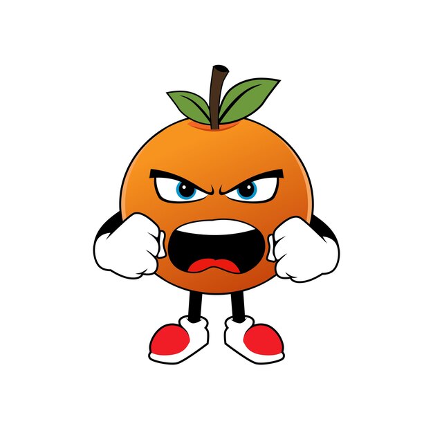 Mascotte del fumetto della frutta arancione con l'illustrazione arrabbiata del fronte per la mascotte e il logo dell'icona dell'autoadesivo