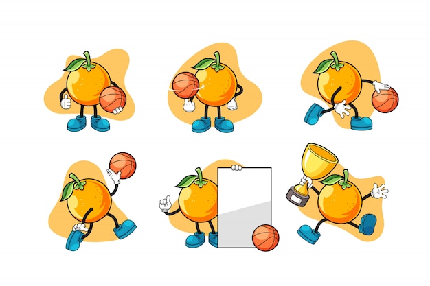 Vettore personaggio di frutta arancione giocando a basket