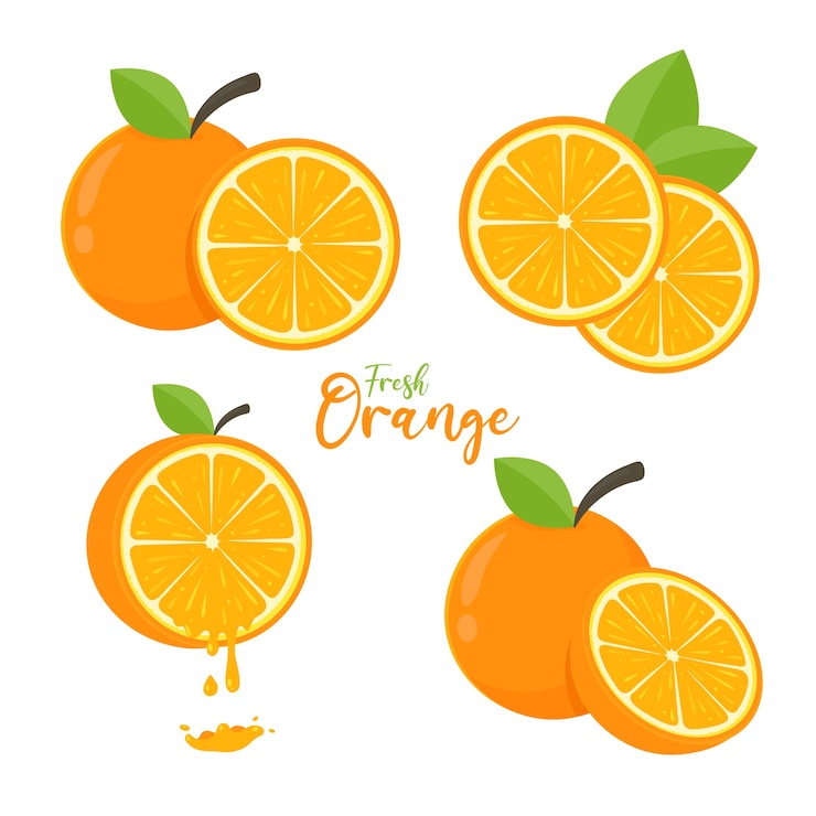 Vector orange fruit set orange cut in half with green leaves for a healthy juice.
