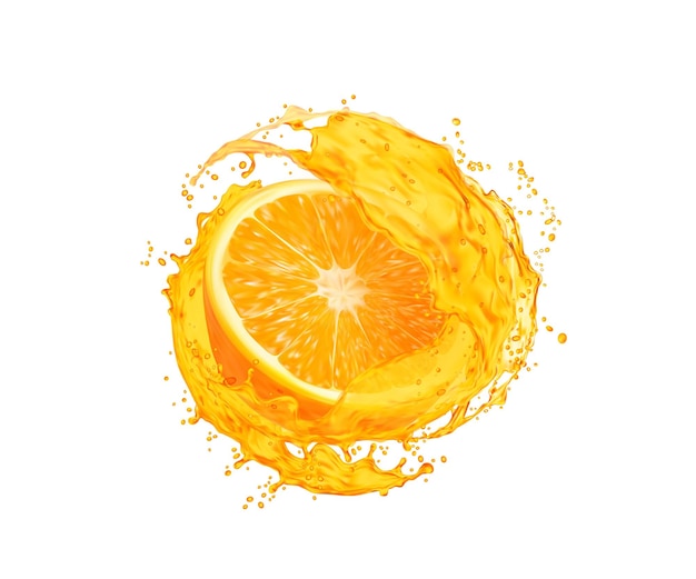 Vector orange fruit slice with juice splash splatters