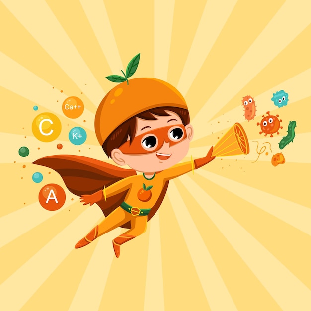 Orange fruit super hero boy character