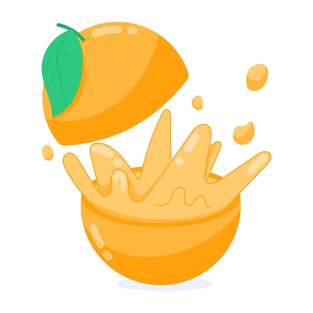 Vector an orange fruit with a green leaf is falling into a bowl.