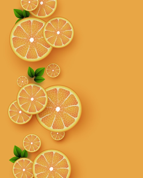 Orange fruits background. sliced orange pieces with leaves . vector illustration.