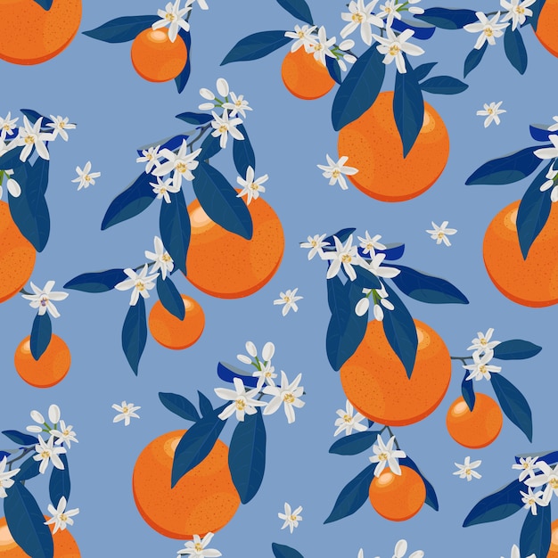 Modello senza cuciture di frutti arancio con fiori e foglie blu
