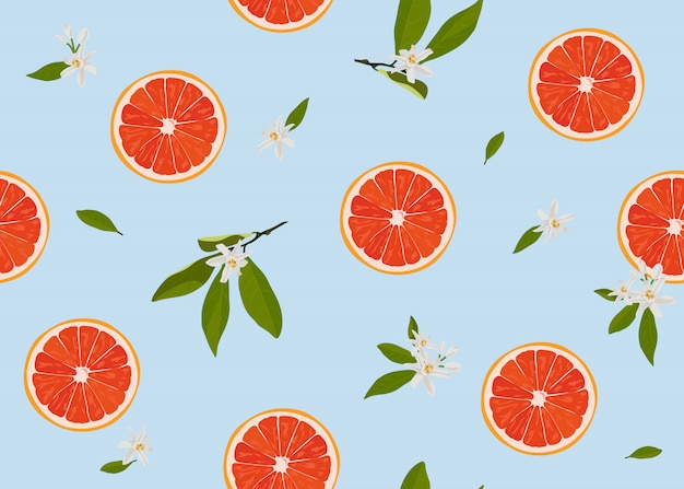 Vector orange fruits slice seamless pattern with flowers