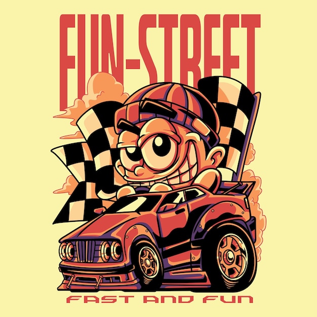 Vector orange fun street racing mascot in retro stijl illustratie