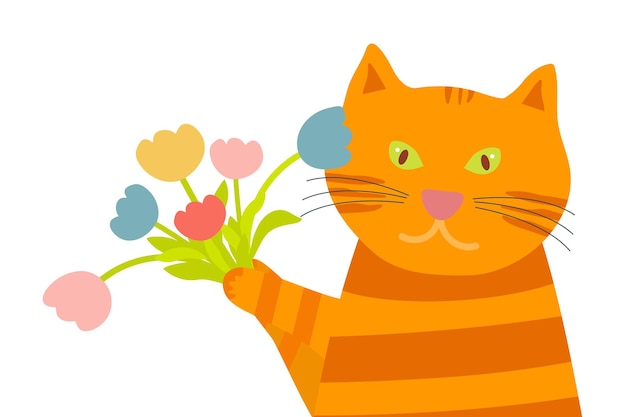 Orange funny cat with a bouquet of flowers