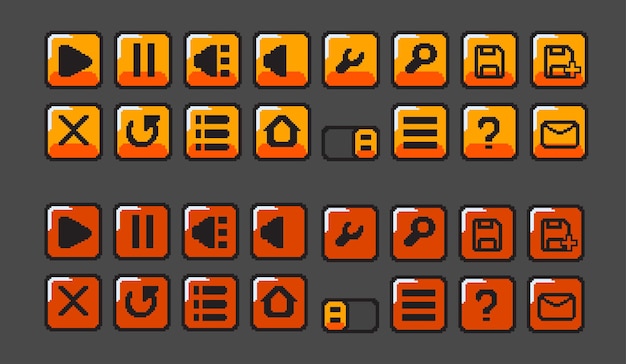 Orange game button set with pixel art style