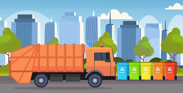 Orange garbage truck urban sanitary vehicle loading recycling bins segregate waste sorting management concept modern cityscape background flat horizontal