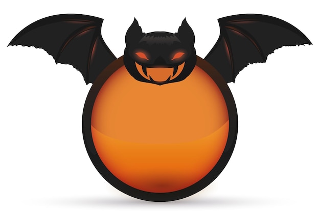 Orange glossy round button decorated with fierce bat head and spread wings for halloween isolated