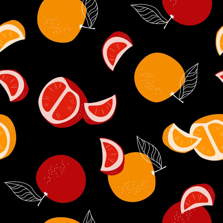 Vector orange and grapefruit pattern on black background seamless texture