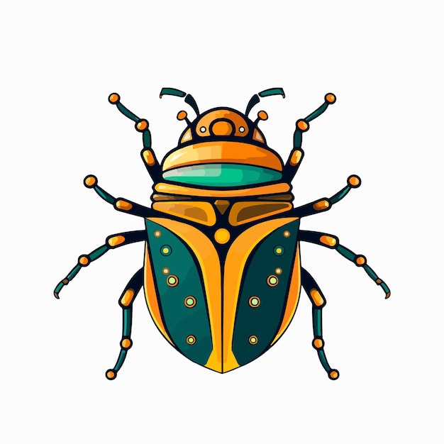 An orange and green cartoon beetle with a white background