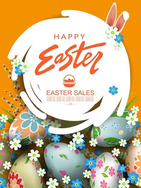 Orange greeting card with abstract round white frame Easter eggs and flowers