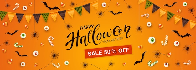Banner arancione di halloween con vendita di scritte e ragni e pipistrelli