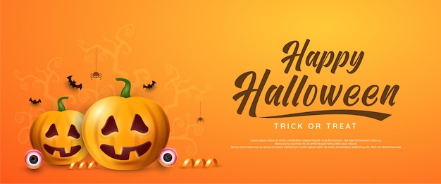 Orange halloween banner with pumpkin spider and bats