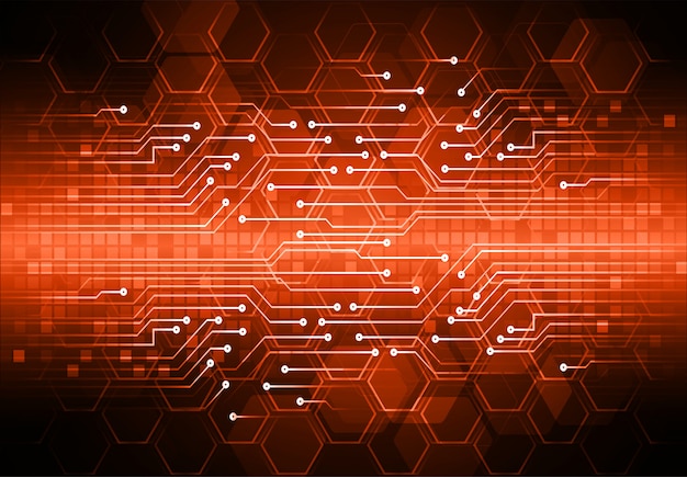 オレンジ色の六角形のサイバー回路の将来の技術コンセプトの背景