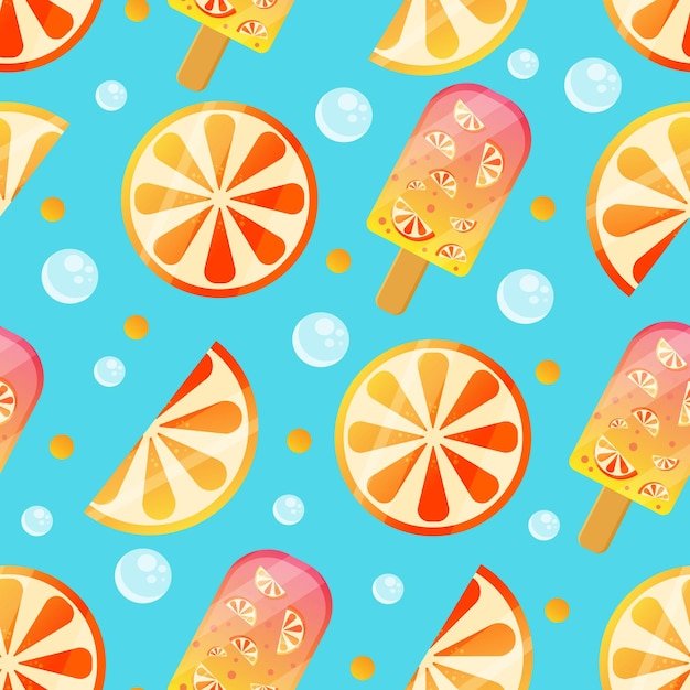 Orange ice cream pattern with blue background and bubbles