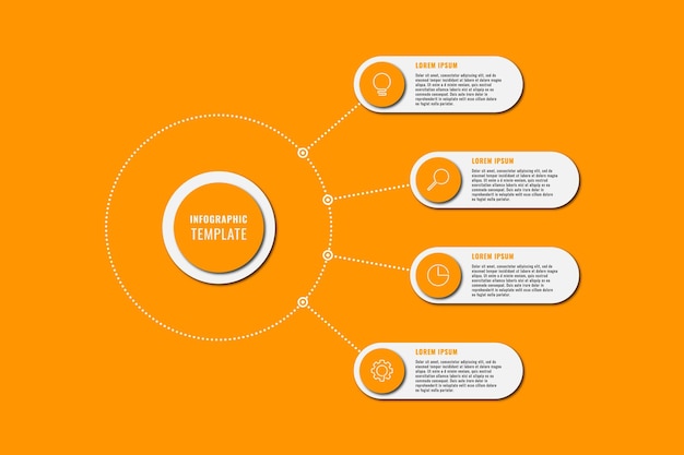 Modello di diagramma infografico arancione con quattro elementi rotondi e icone di marketing sui pulsanti arancioni