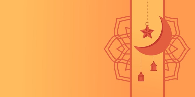 Orange Islamic background with mandala moon stars and lantern ornaments free copy space area