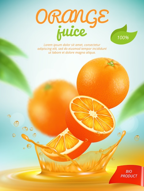 Orange juice banner with orange fresh fruit slice in liquid splashes  template. Juice orange banner, beverage liquid, fruit fresh drink