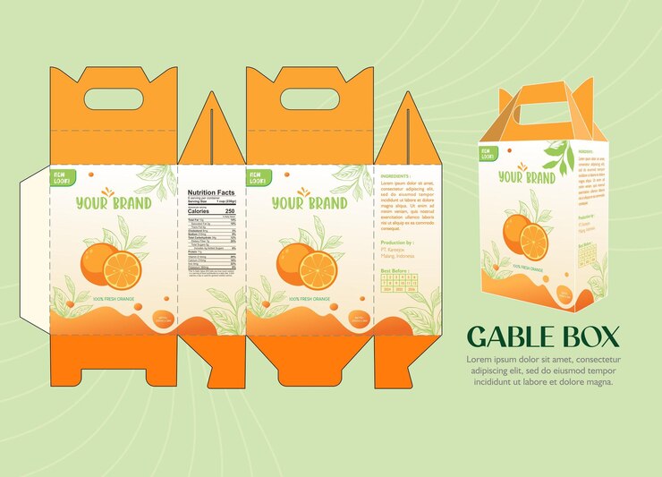 Vector orange juice gable box design with diecut line