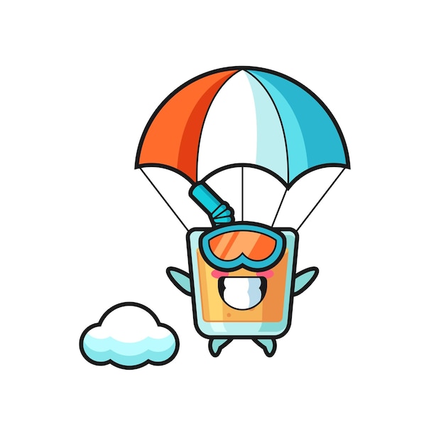 orange juice mascot cartoon is skydiving with happy gesture , cute style design for t shirt, sticker, logo element