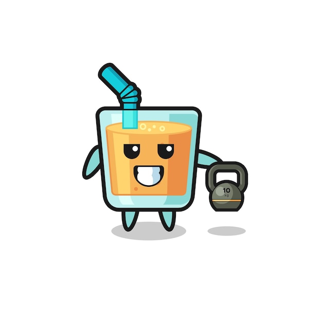 Orange juice mascot lifting kettlebell in the gym  cute design