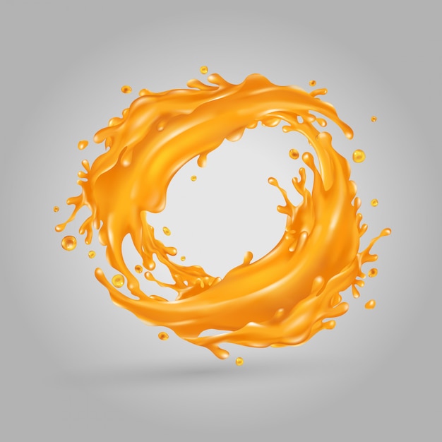 Orange juice splashes circle on a gray background